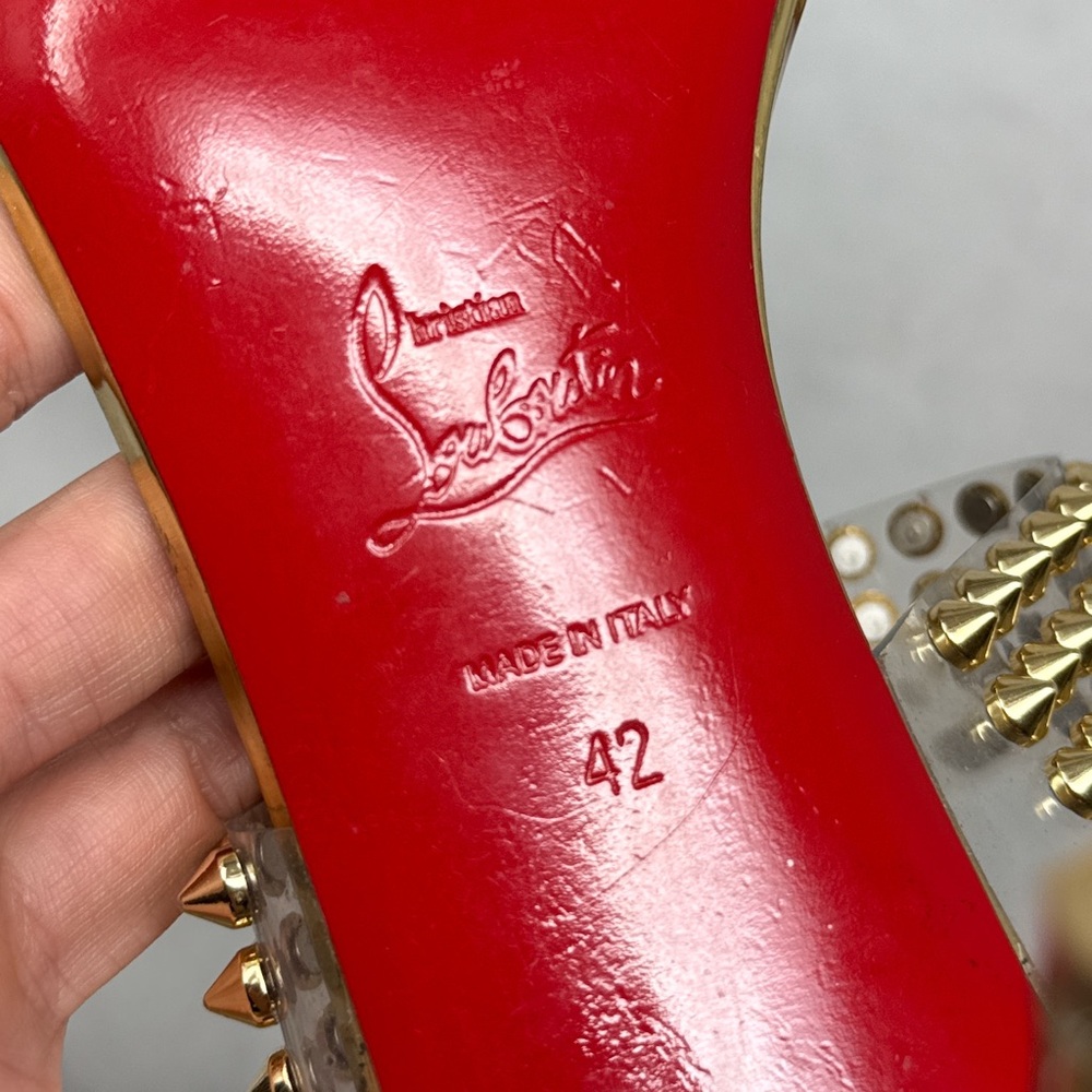 Christian Louboutin Spikes Only PVC Chrome Open Toe Mule Sandal Heels Gold 42 - Picture 13 of 16